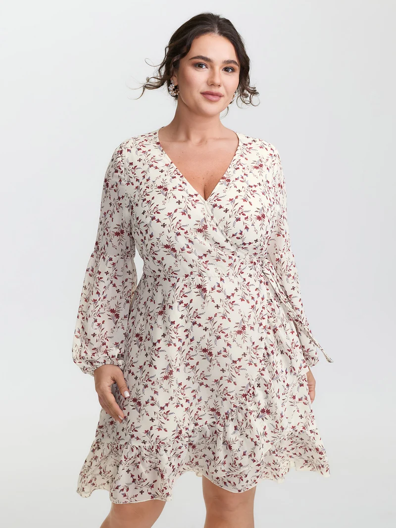 Chiffon Floral Wrap Ruffled Mini Dress