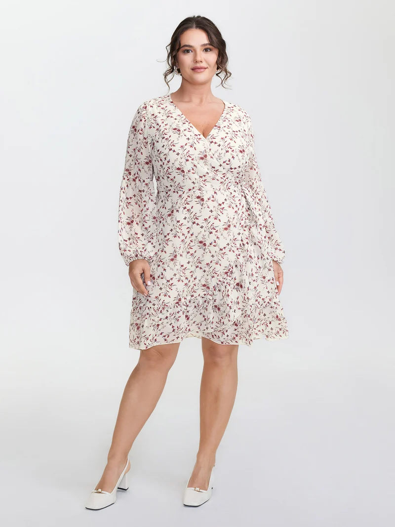 Chiffon Floral Wrap Ruffled Mini Dress