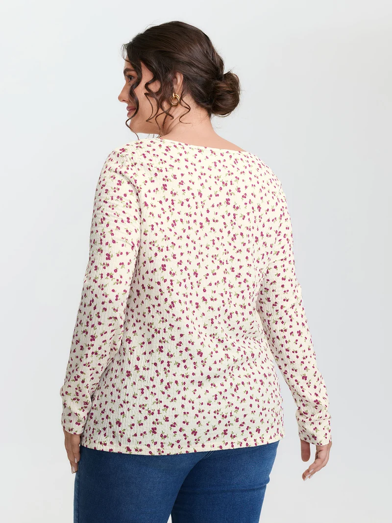 Cherry Print Pleated Stretchy T-Shirt