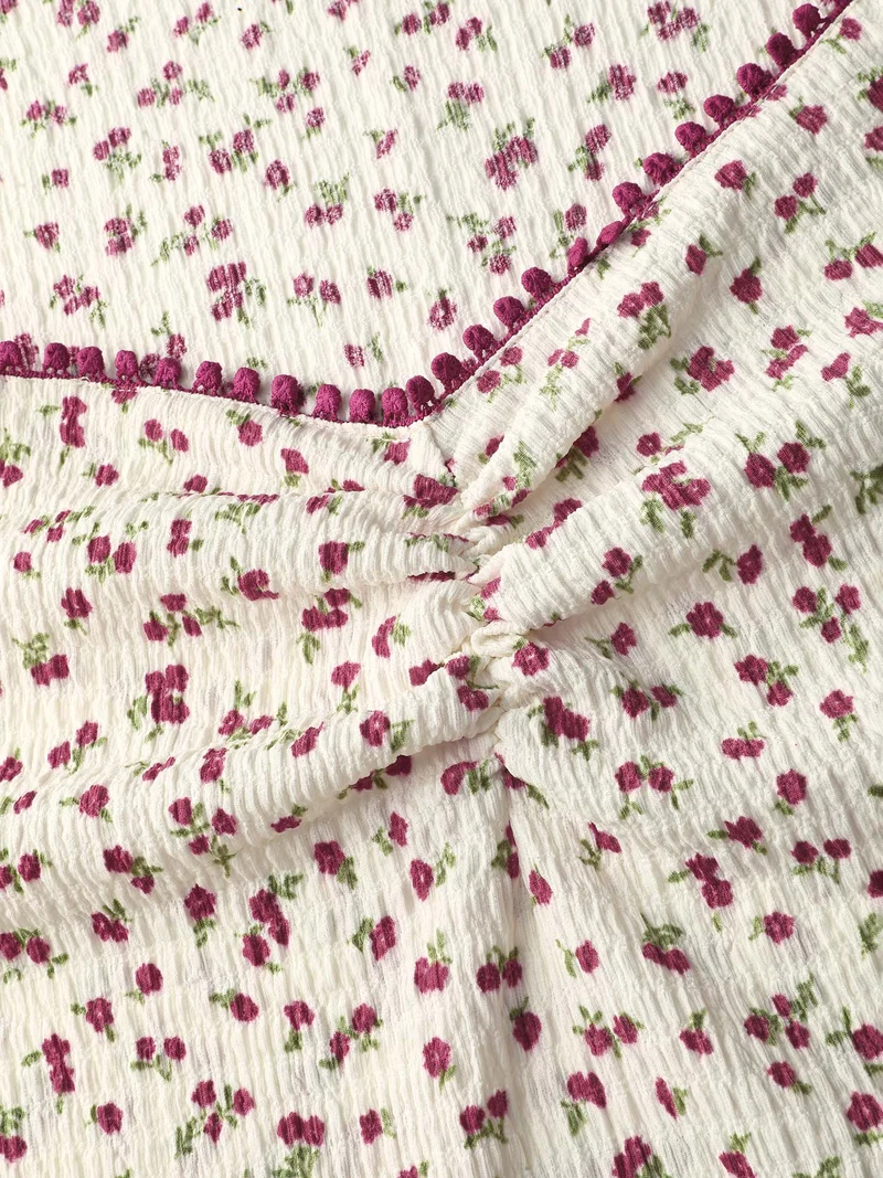 Cherry Print Pleated Stretchy T-Shirt