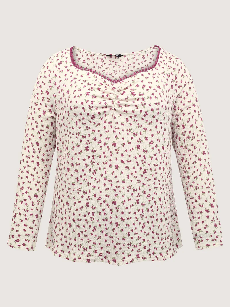 Cherry Print Pleated Stretchy T-Shirt