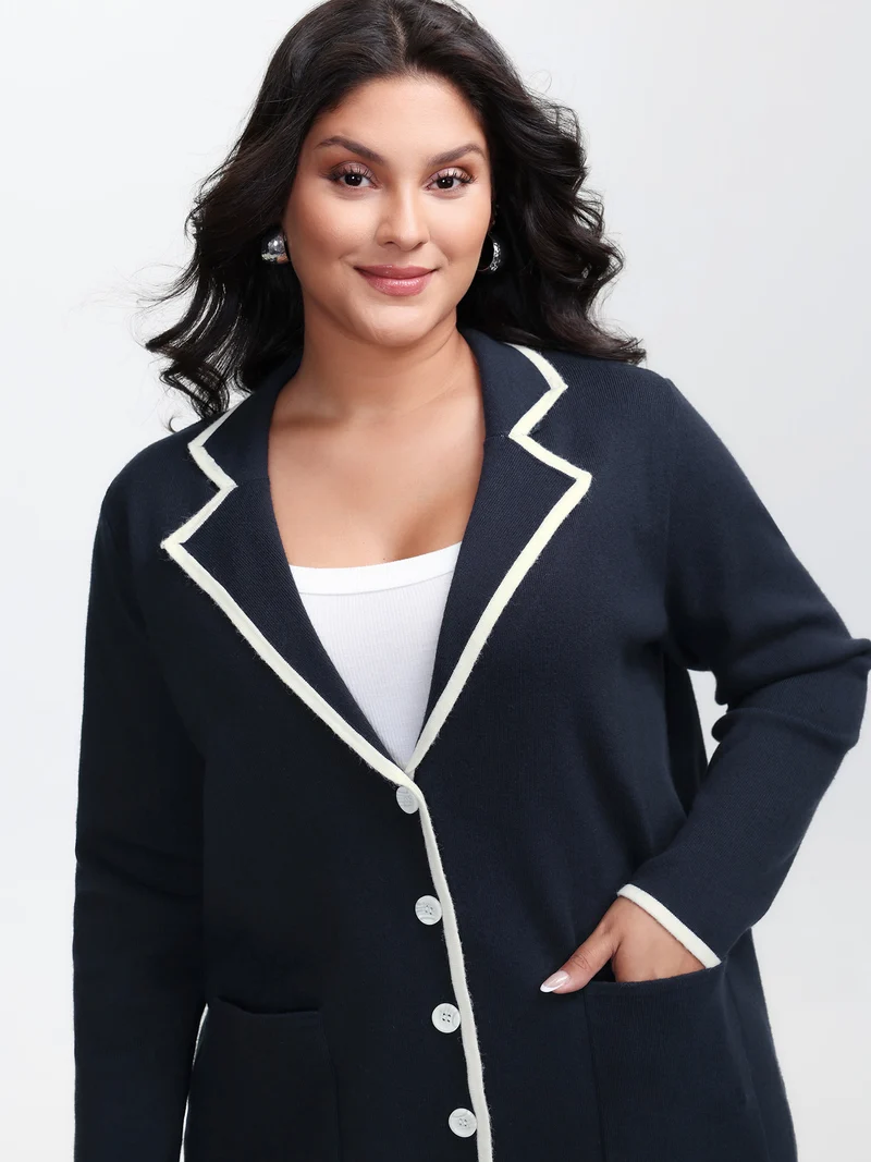 Blazer Collar Pockets Color Contrast Knit Cardigan