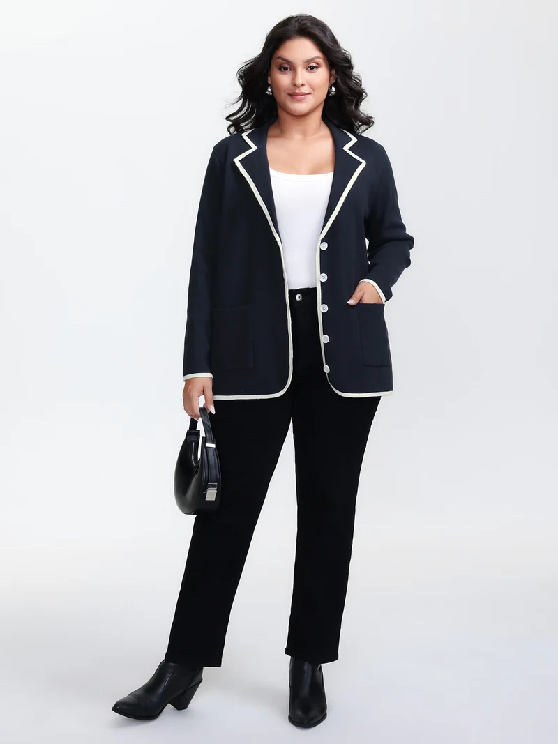 Blazer Collar Pockets Color Contrast Knit Cardigan