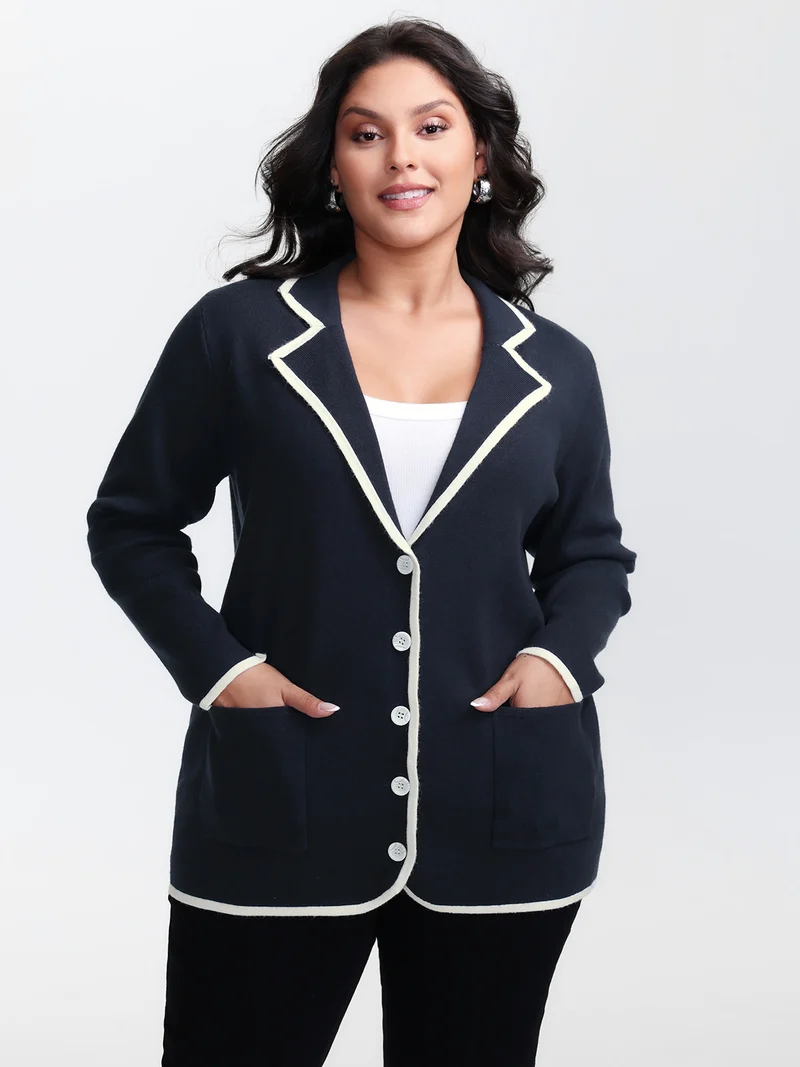 Blazer Collar Pockets Color Contrast Knit Cardigan