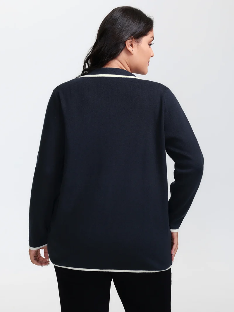 Blazer Collar Pockets Color Contrast Knit Cardigan