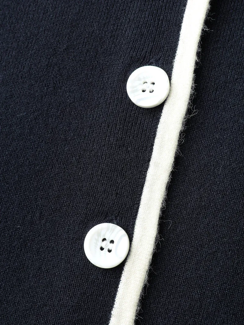 Blazer Collar Pockets Color Contrast Knit Cardigan