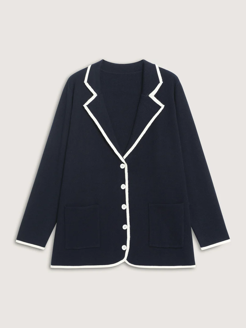 Blazer Collar Pockets Color Contrast Knit Cardigan