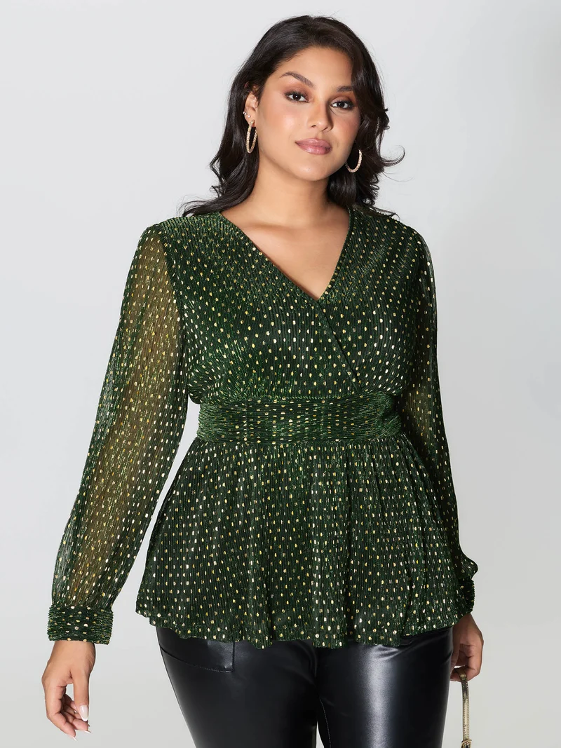 Lurex Textured Flared V-Neck Blouse