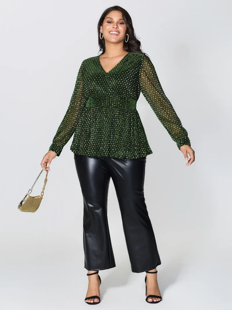 Lurex Textured Flared V-Neck Blouse