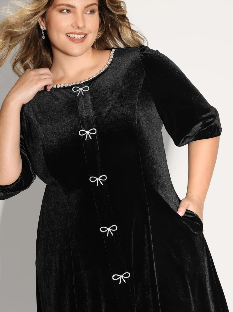 Bowknot Metallic Detail Knee-Length Dress