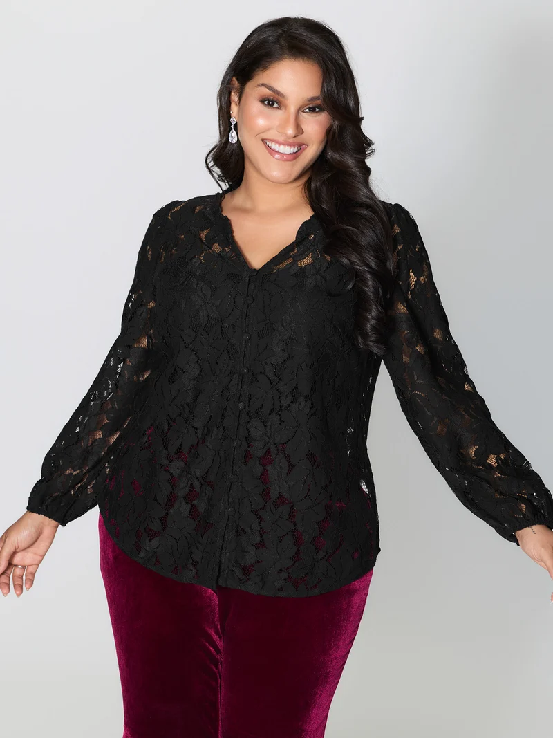 Lace Trim Sheer Ruffled Collar Button Shirt