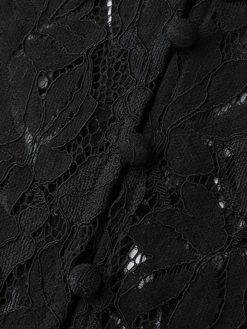 Lace Trim Sheer Ruffled Collar Button Shirt