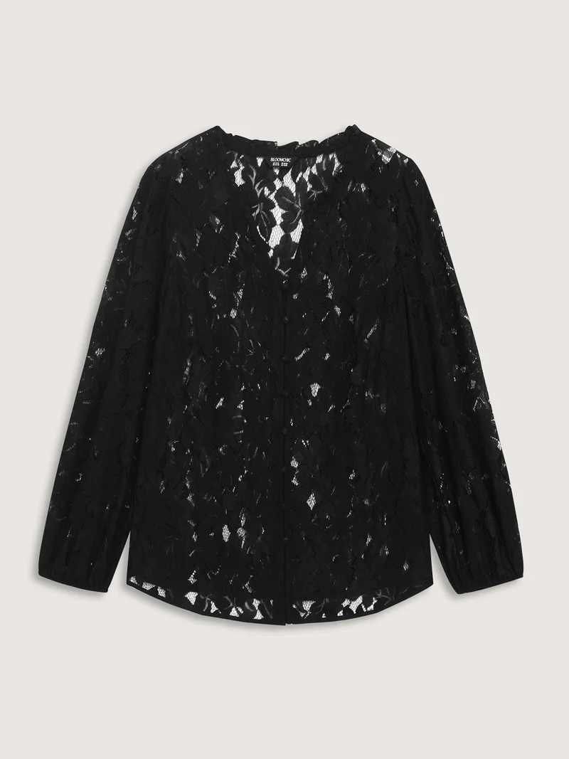 Lace Trim Sheer Ruffled Collar Button Shirt