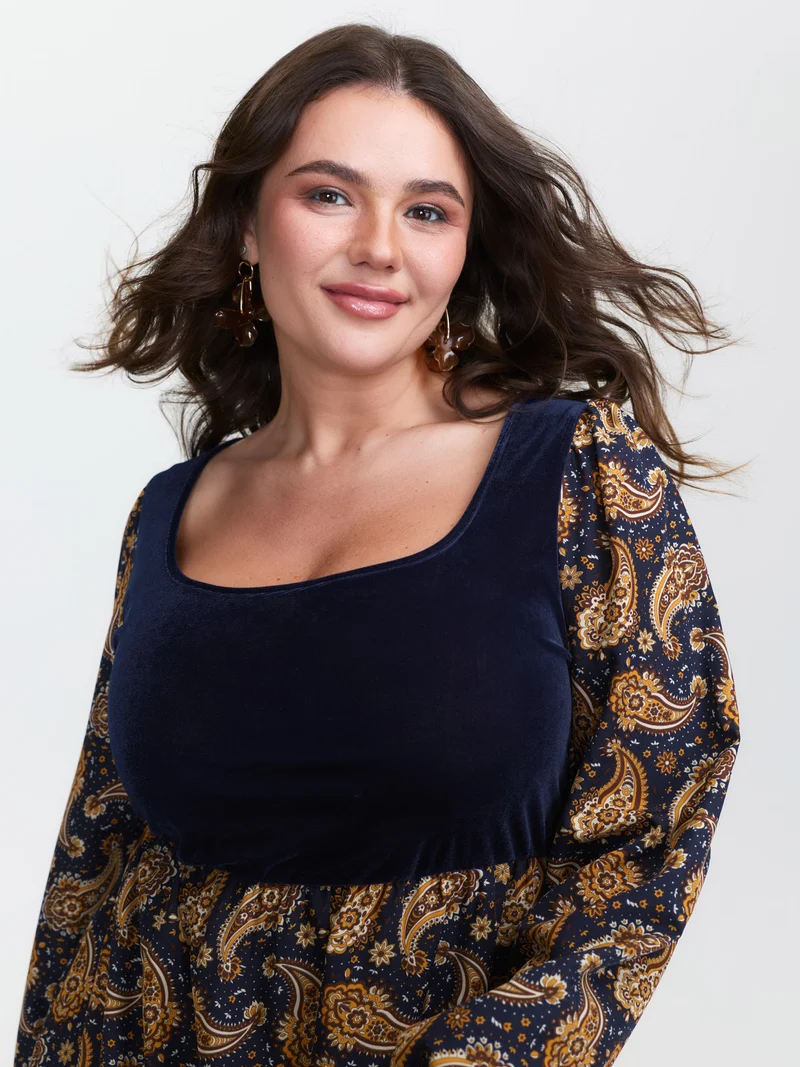Velvet Paisley Print Spliced Midi Dress