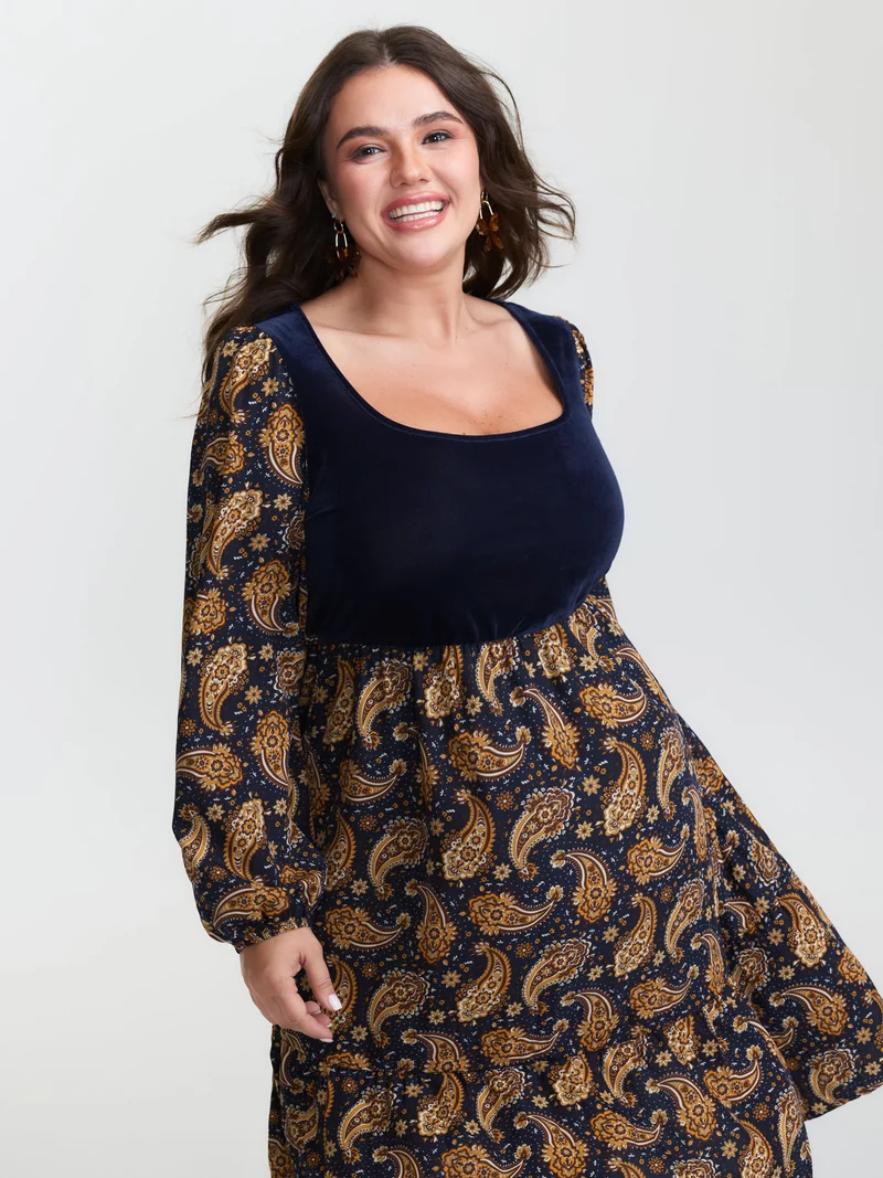 Velvet Paisley Print Spliced Midi Dress