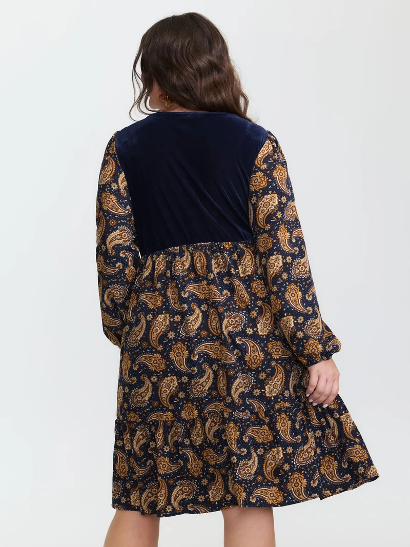 Velvet Paisley Print Spliced Midi Dress