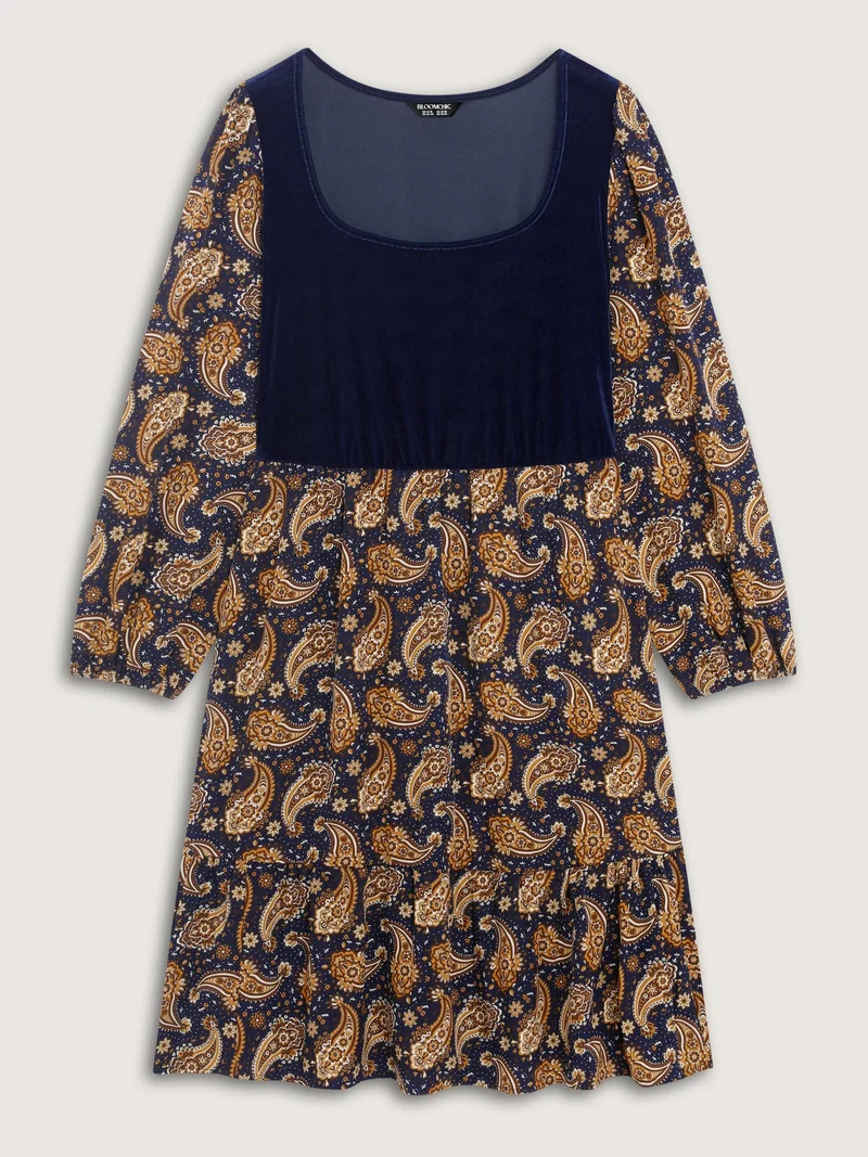 Velvet Paisley Print Spliced Midi Dress