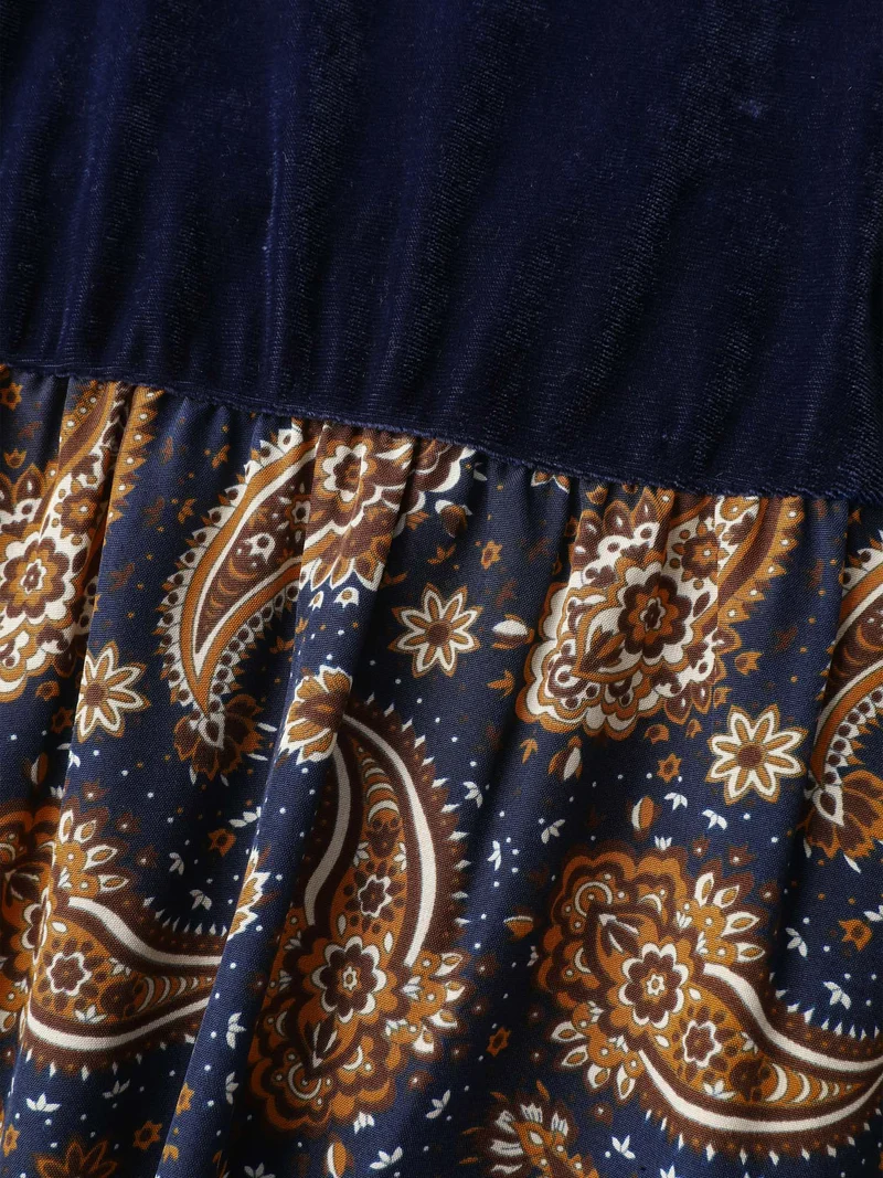 Velvet Paisley Print Spliced Midi Dress