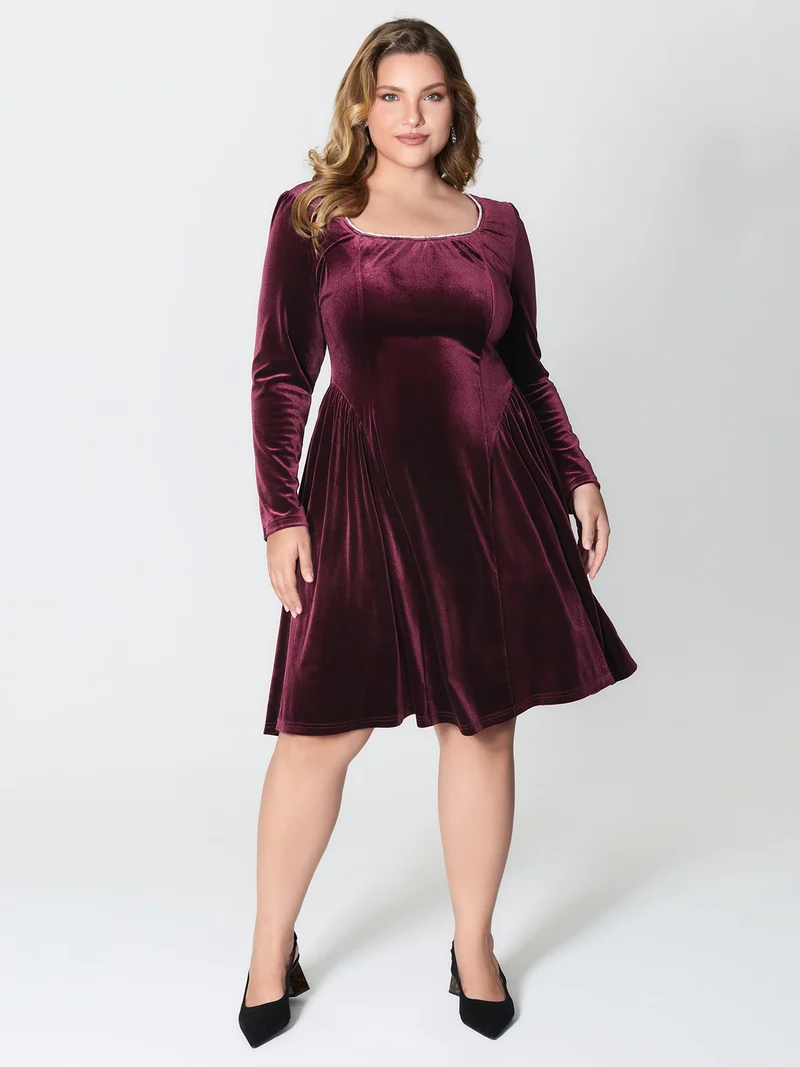 Velvet Structured Pleated Bodice Midi Dress