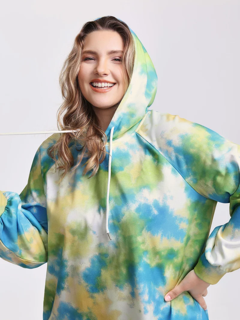 Tie-Dye Pockets Hooded Knee Dress