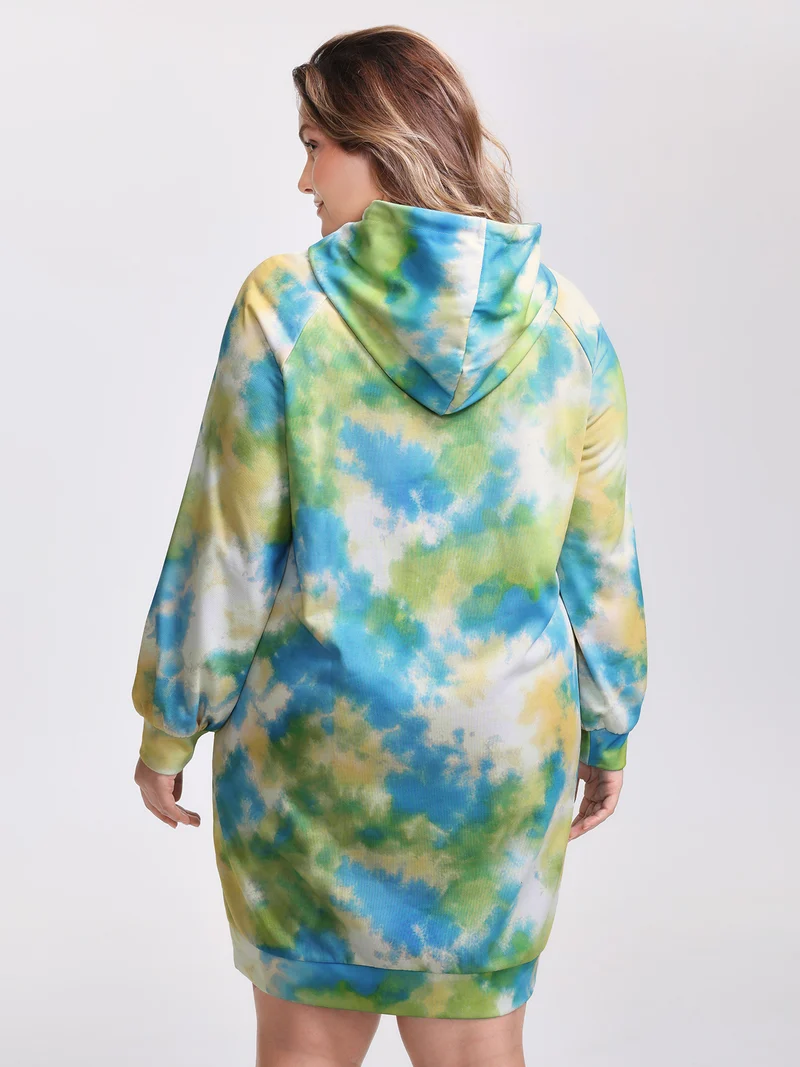 Tie-Dye Pockets Hooded Knee Dress