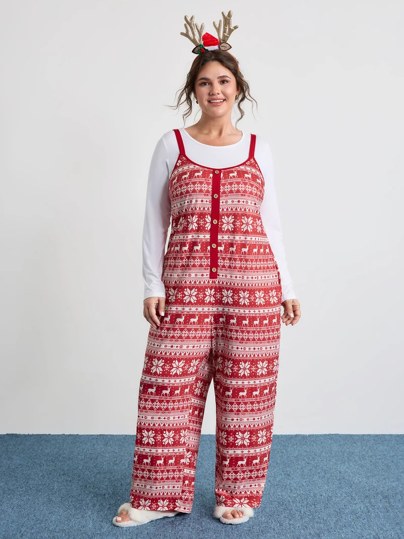 Holiday Pattern Placket Button Jumpsuit