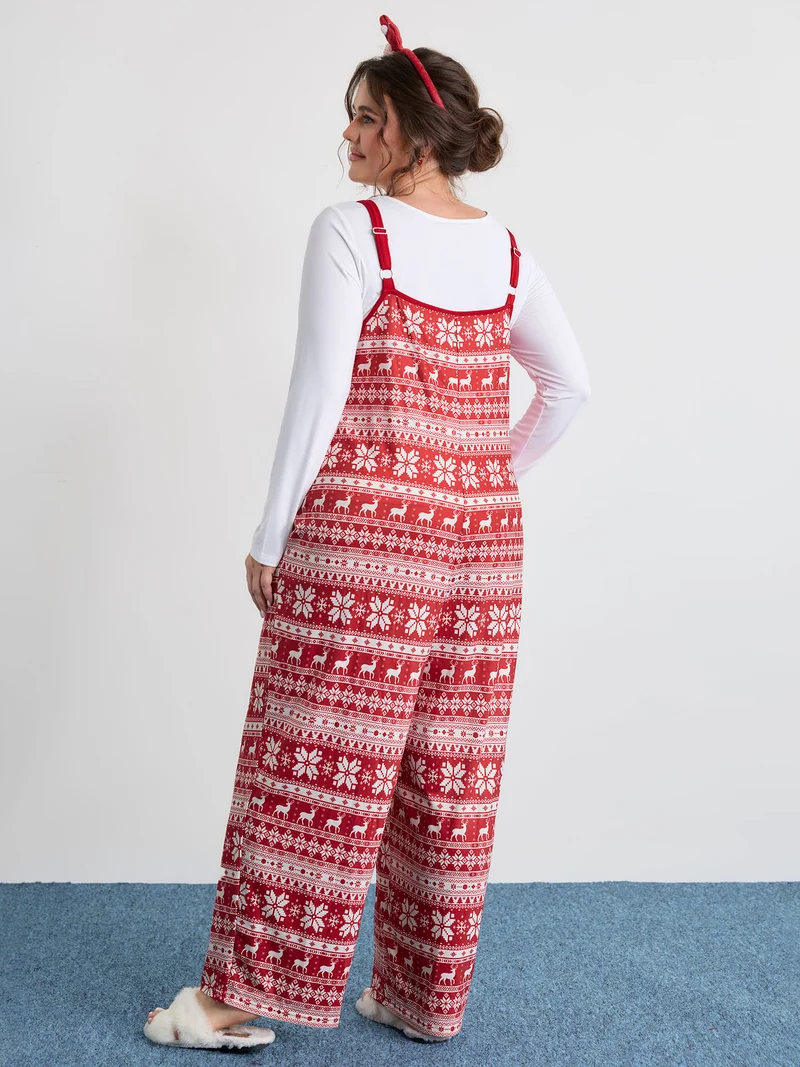 Holiday Pattern Placket Button Jumpsuit