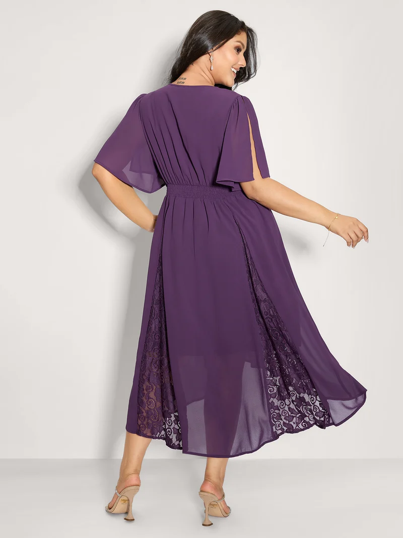 Wrap Neck Flowy Sleeve Sheer Midi Dress