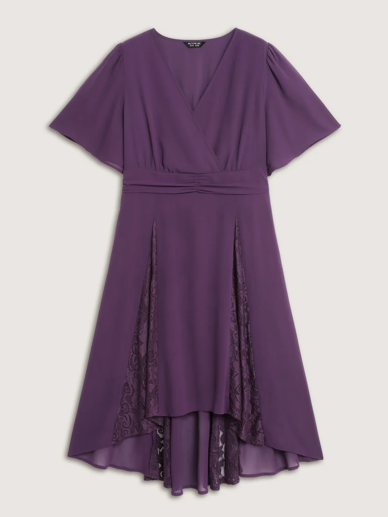 Wrap Neck Flowy Sleeve Sheer Midi Dress