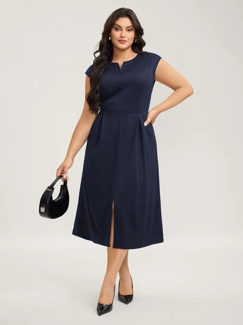 Stretchy Waist Pleated Midi Dress