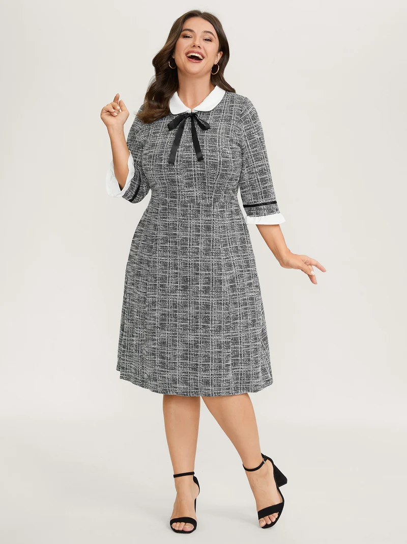 Tweed Knit Doll Collar Pockets Midi Dress