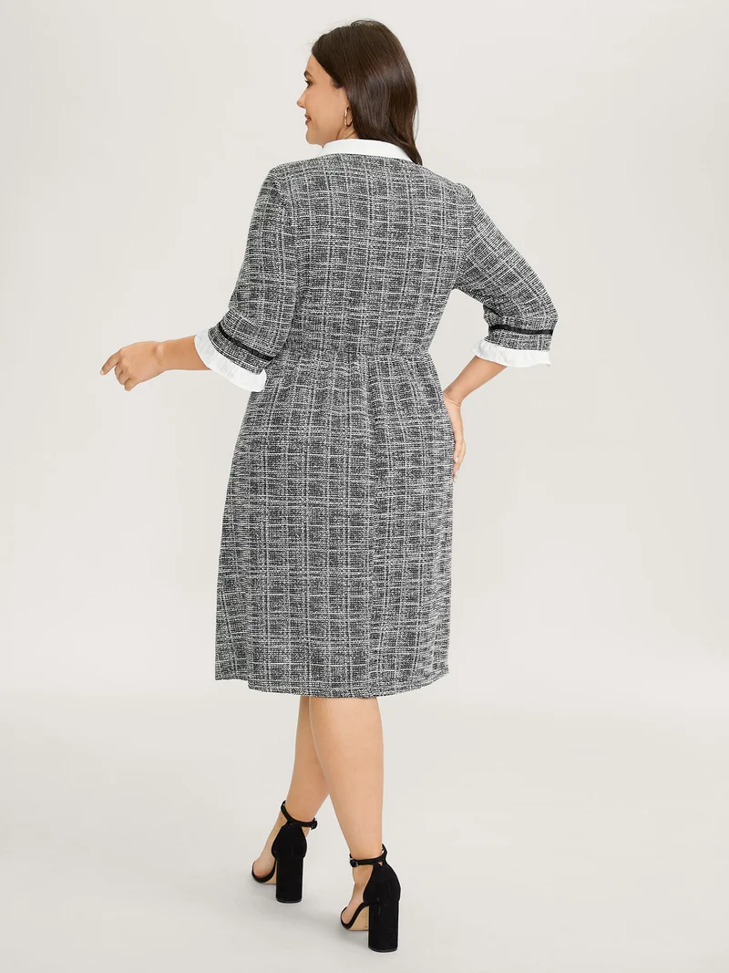 Tweed Knit Doll Collar Pockets Midi Dress