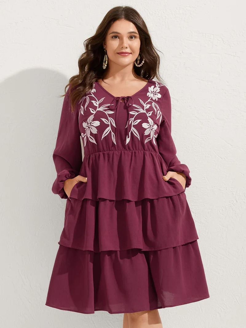 Floral Embroidery Pockets Layered Midi Dress
