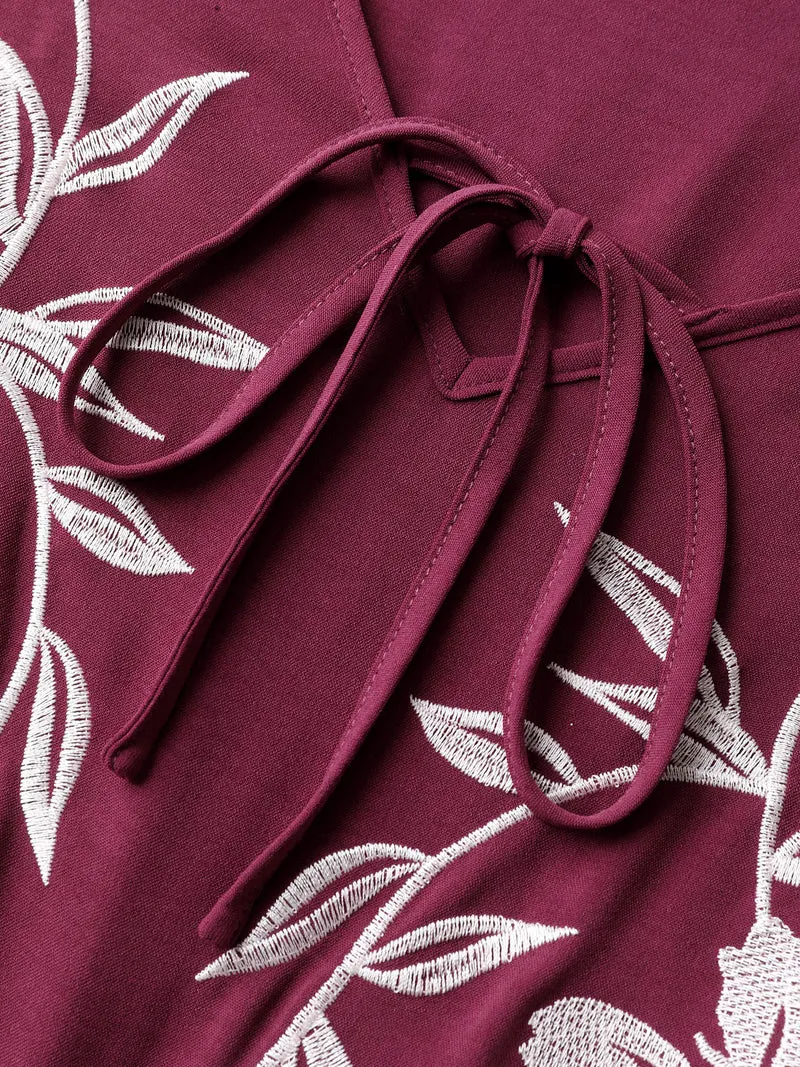 Floral Embroidery Pockets Layered Midi Dress