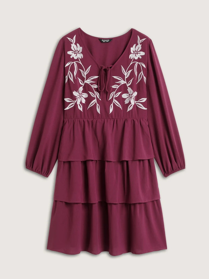 Floral Embroidery Pockets Layered Midi Dress