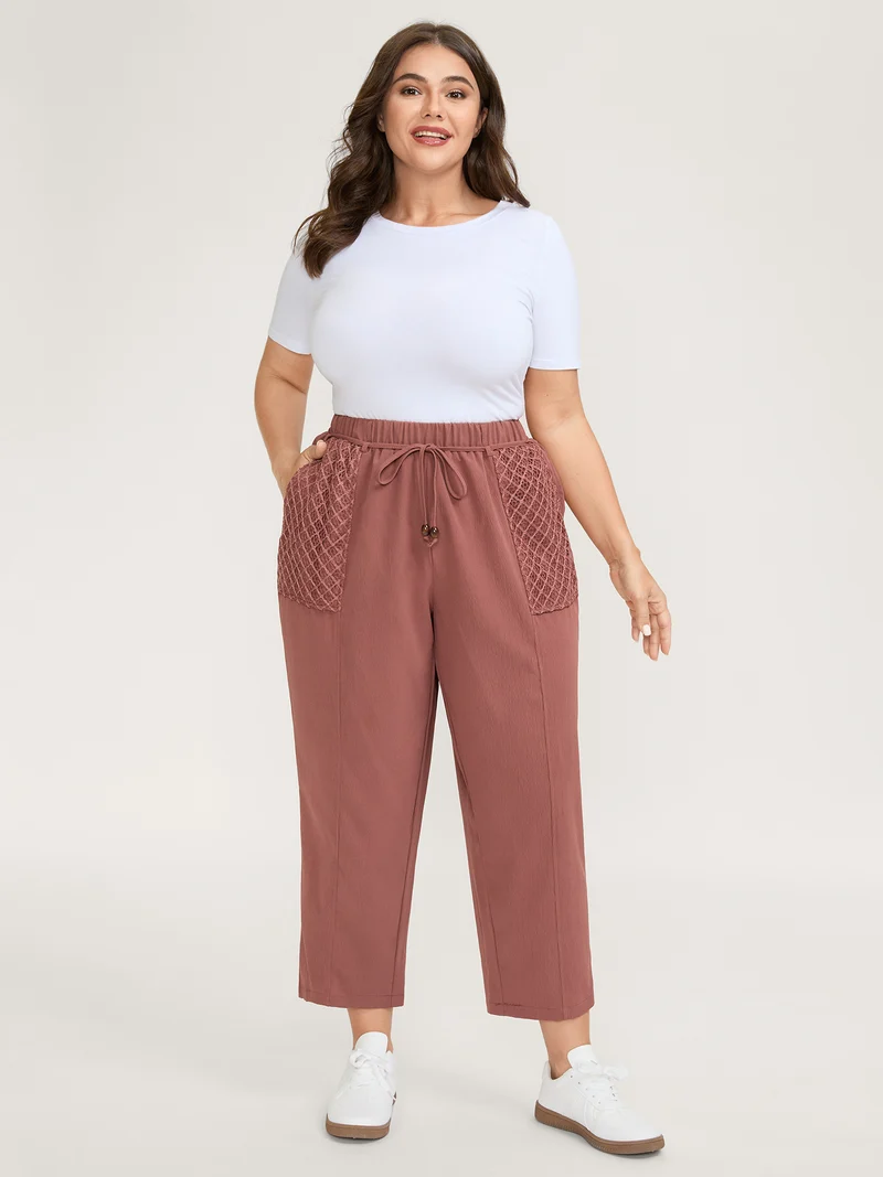 Textured Stretchy Waist Straight-Leg Pants