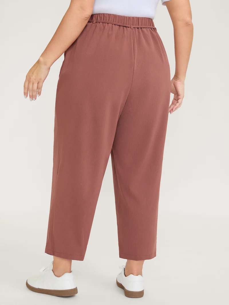Textured Stretchy Waist Straight-Leg Pants