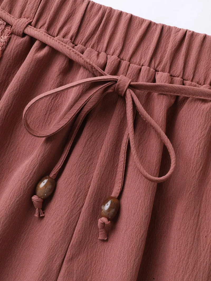Textured Stretchy Waist Straight-Leg Pants