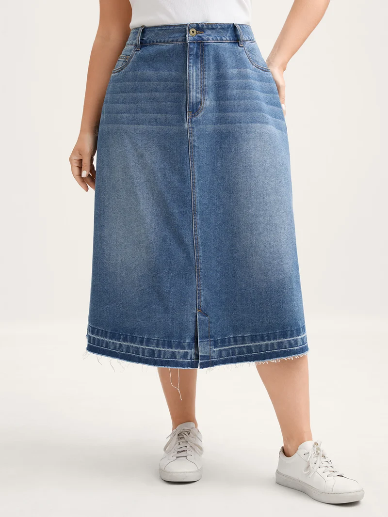 Faded Wash Slit Hem Denim Skirt