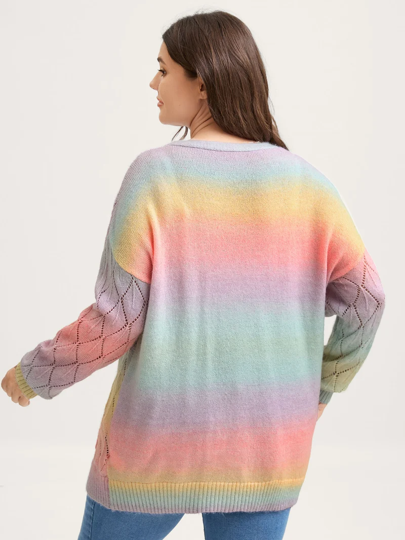 Ombre Gradient Eyelet Trim Knit Cardigan
