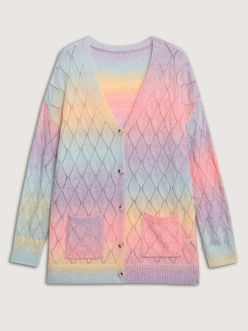Ombre Gradient Eyelet Trim Knit Cardigan