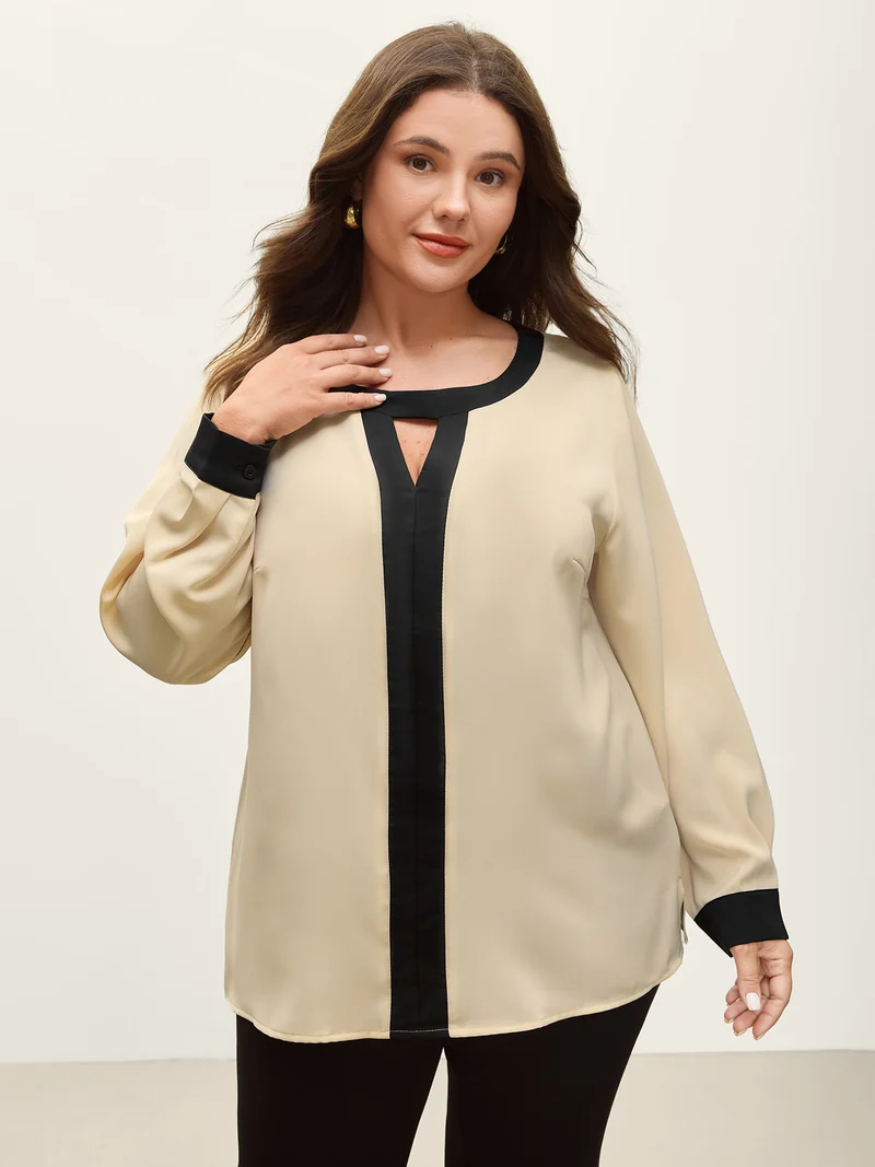 Monochromatic Contrast Neck Cut-Out Blouse