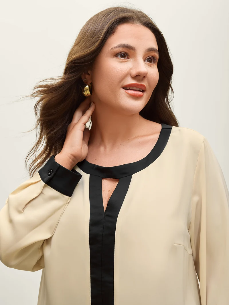 Monochromatic Contrast Neck Cut-Out Blouse