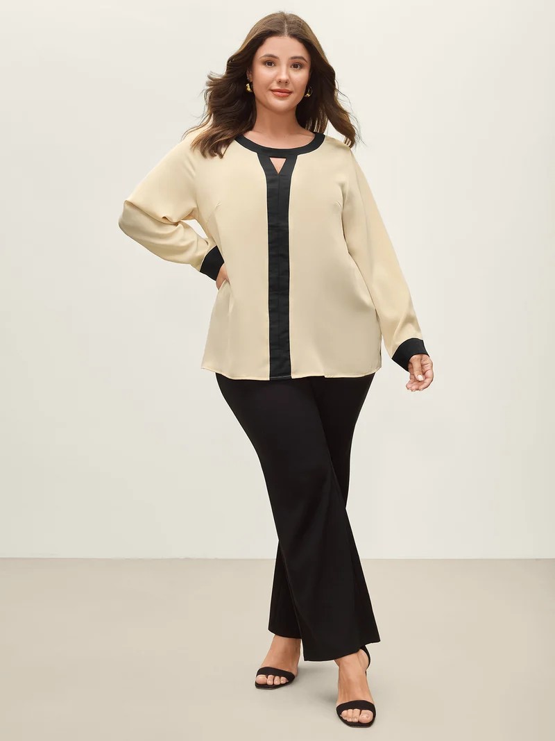 Monochromatic Contrast Neck Cut-Out Blouse