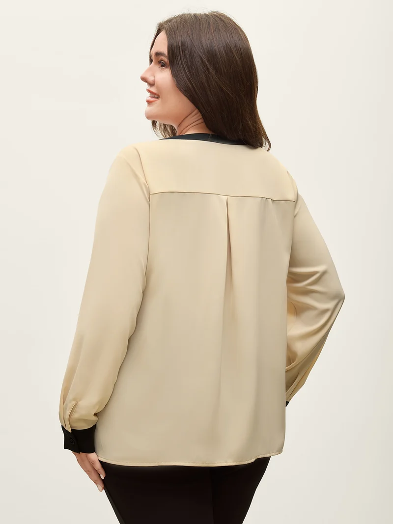 Monochromatic Contrast Neck Cut-Out Blouse