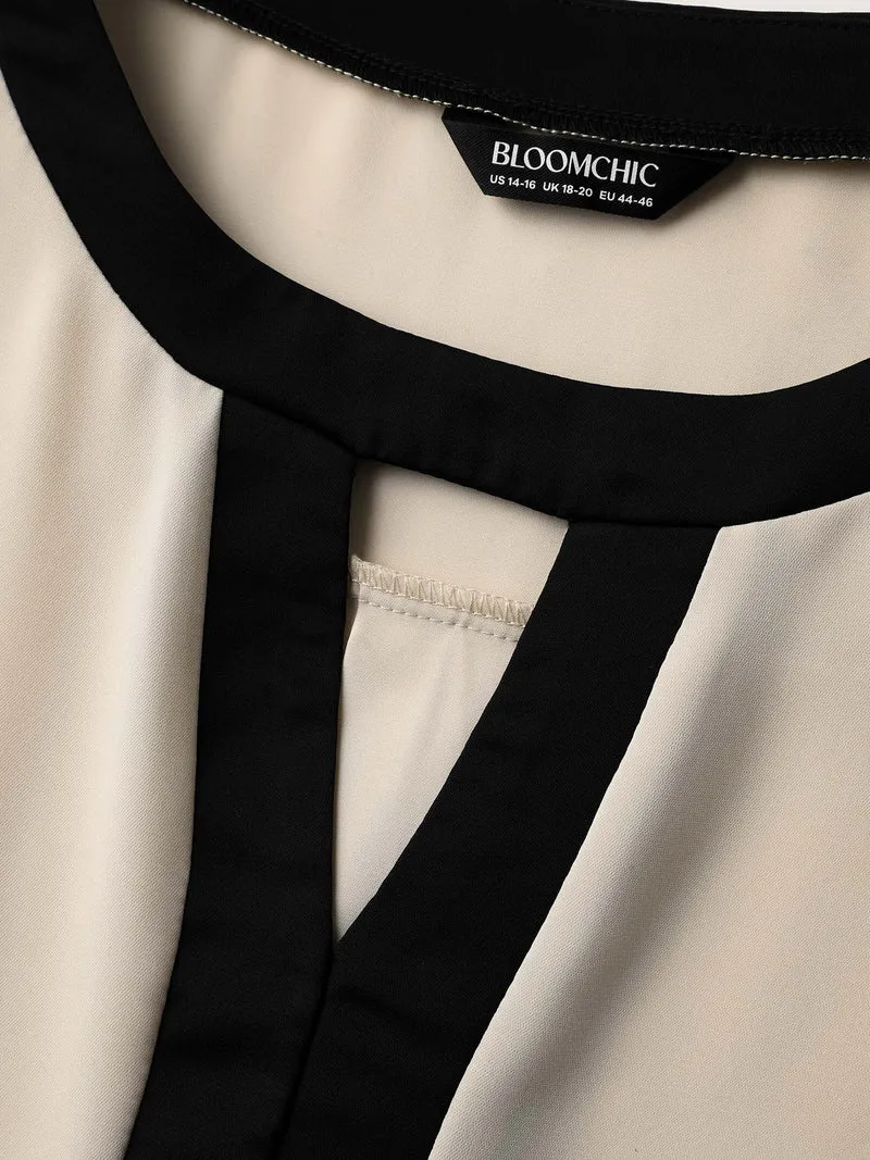 Monochromatic Contrast Neck Cut-Out Blouse