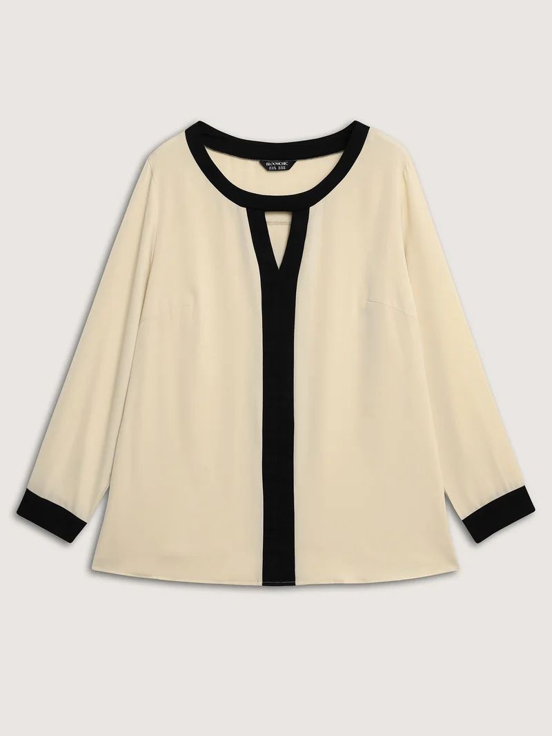 Monochromatic Contrast Neck Cut-Out Blouse