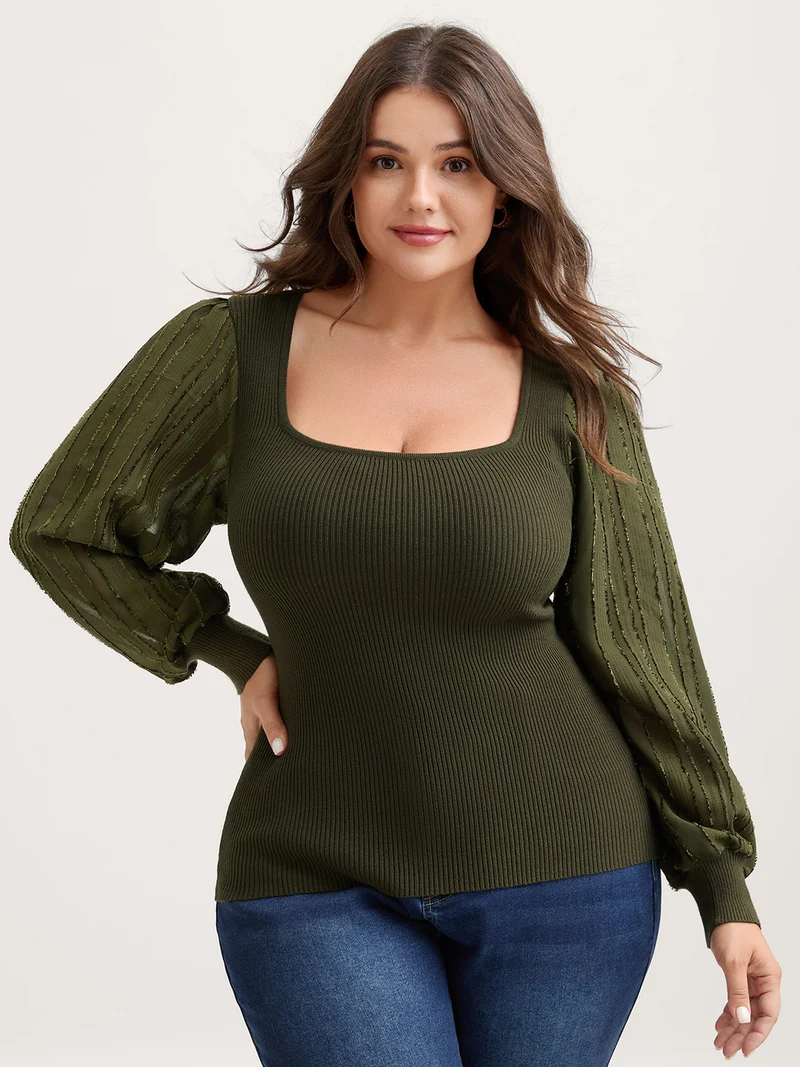 Bodycon Fit Textured Square Neck Pullover