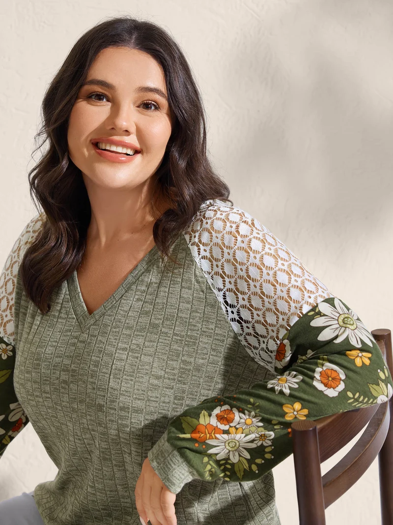 Mixed Floral Print Ribbed V-Neck Sweatshirt