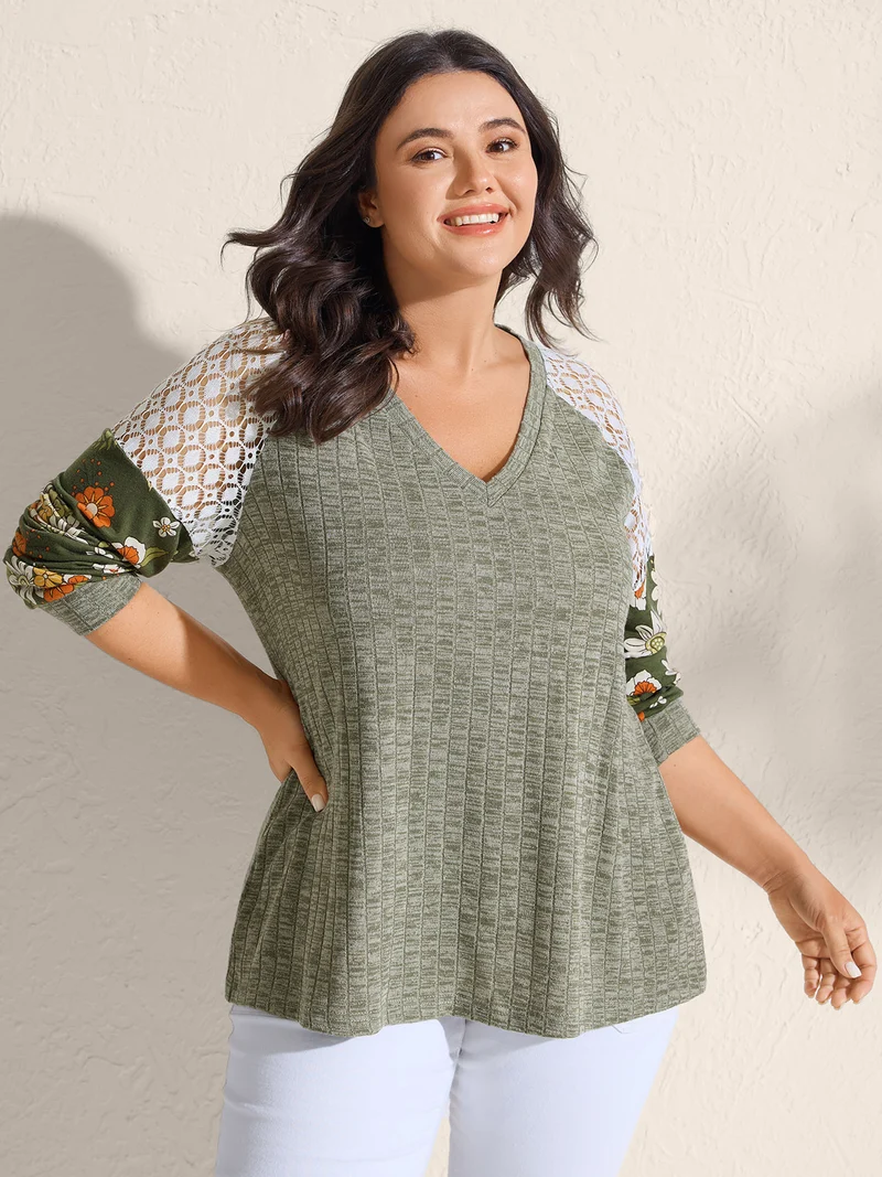 Mixed Floral Print Ribbed V-Neck Sweatshirt